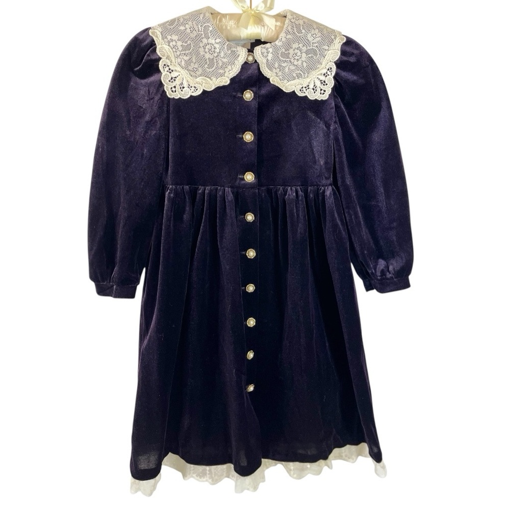 Bonnie Jean Girls Vintage Purple Velvet Dress with White Lace Collar Size: 10